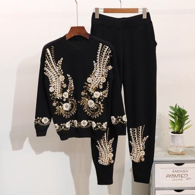 China Sustainable High Quality Women's Sweater Set Autumn Winter Pearl Beads Sequin Sweater Tops And Pants Two Piece Set Outfits Plus Size Clothing for sale