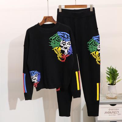 China Factory Wholesale Anti-pilling Knit Top And Pants Sets Women Clothing Autumn Winter Tiger Print Plus Size Sweater Set Two Piece Tracksuit for sale