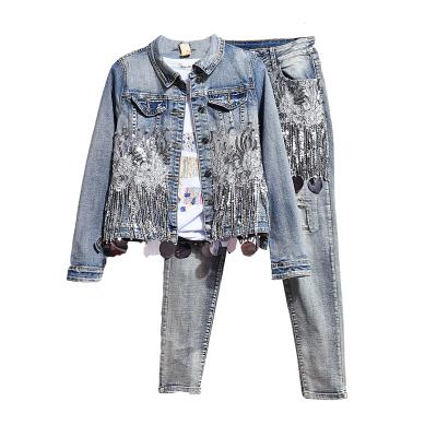 China Anti-pilling new sequined jacket short feet heavy industry beaded tassel pants denim suit trend female cowboy Coat for sale