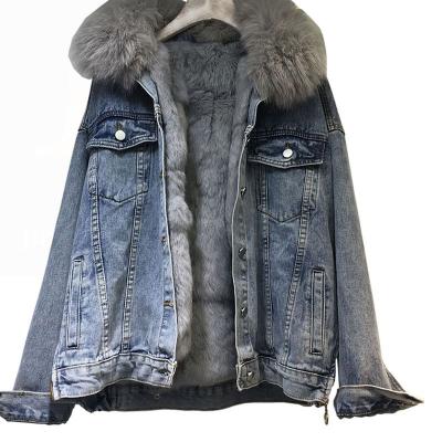 China New Winter Real Fox Fur Collar Detachable Parker For Women Thick Warm Rabbit Fur Coating Jeans Parka Coat Breathable Luxury Denim Jacket for sale