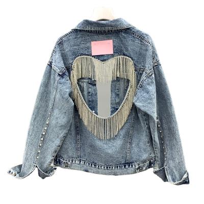 China Anti-wrinkle Streetwear women denim jacket personality back heart shape hollow out rhinestone tassel denim jacket ladies short jeans coat for sale