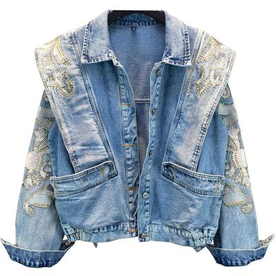 China Viable Women's Retro Streetwear Drill Denim Embroidered Hip Hop Warm Jacket Loose Short Rhinestone Jeans Jacket Denim Coat for sale