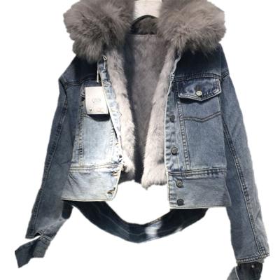 China Detachable Rabbit Fur Coating Denim Jacket New Winter Korean Style Viable Women Real Fur Collar Cropped Coats Shorts Jean Jacket for sale