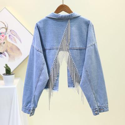 China High Street Viable Women's Denim Jacket Fringe Back Denim Coat Rhinestone Tassel Short Cropped Jeans Outerwear Female for sale