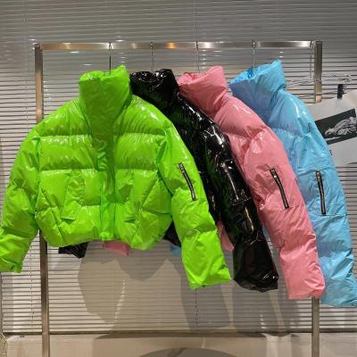 China 2021 Winter New Women's Sustainable Parkas Candy Color Shiny Patent Leather Cotton Padded Coat Fashion Cotton Jacket Loose Down Cotton Coat for sale