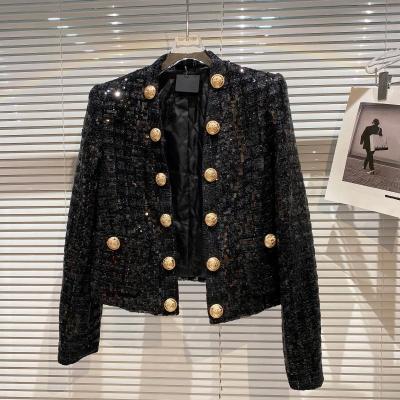 China Autumn Winter New Tweed Sequined Metal Buckle Cotton Padded Suit Coat Fashion Cotton Viable Short Thickened Jacket 2021 For Women for sale