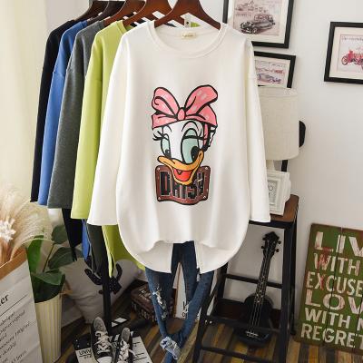 China New Autumn Winter Clothes Viable For Women Cotton Thick T-shirt Cute Cartoon Printed Long Tee Dress Plus Size T-shirt Loose Tops for sale