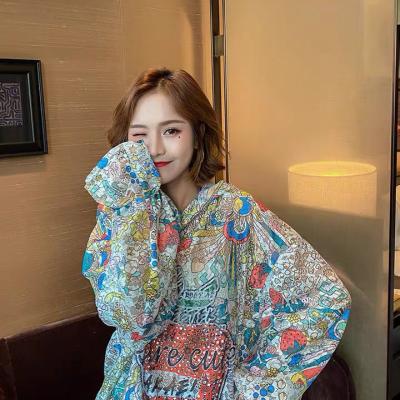 China 2021 Summer Viable Women's Long Sleeve Hoodie Jumper Printed Flare Sleeve T-shirt Fashion Sun Protection Loose Mid Length Long Shirt for sale