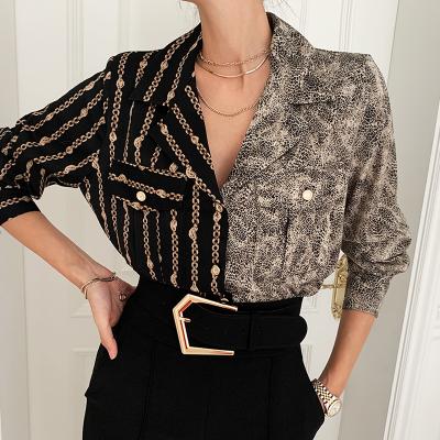 China Sustainable Women's Spring and Autumn Lapel Chic Blouse Single-Breasted Print Retro Pattern Asymmetrical Long Sleeve Shirt Loose Tops for sale