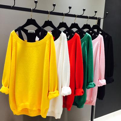 China New Breathable Autumn Loose Sweaters Women Solid Color Korean Long Sleeve Knitted Pullover With Tank 2 Piece Set Off Shoulder Sweaters for sale