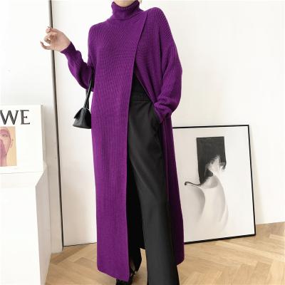 China New Autumn And Winter Anti-wrinkle Women's Turtle Neck Long Sweater Dress Split Loose Knitted Purple Sweater Clothes Female Knitwear for sale