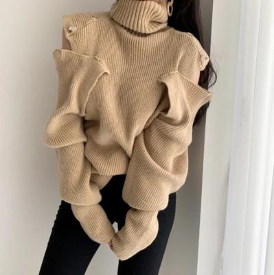 China New Fashionable Anti-wrinkle Women's Turtle Neck Button Off The Shoulder Sweater Casual Sweater Ladies Loose Knitted Knitwear for sale