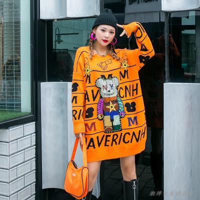 China New Fashion Anti-wrinkle Winter Sweaters Women Long Sleeve Cartoon Pearl Sequins Letter Long Knitted Pullover Sweater Dress for sale