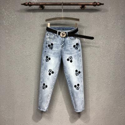 China New viable fashion women jeans denim custom made pants stretch high waist cartoon female jeans hot harem casual pants for sale