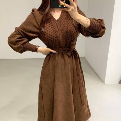 China New Anti-wrinkle women's style French ladies a-line retro skirt solid color long sleeve V-neck knitted long skirt with belt for sale