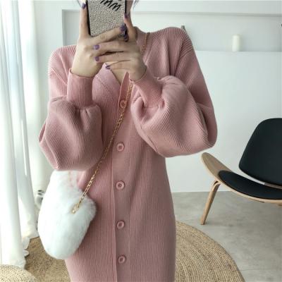 China Casual Knitted Loose Dress Women's Autumn Winter Lantern Long Sleeve V-Neck Cardigan Sweater Dress Viable Korean Fashion New Style for sale