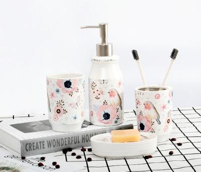 China Sustainable Stylish Printing Dream Bird-Pink Ceramic Set Bathroom Set for sale