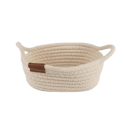 China Sustainable Cotton Yarn Rope Leather Table Organizer Basket Small Size Handmade Fashionable Storage for sale