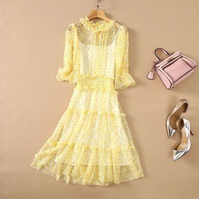 China High Quality Brand Anti-wrinkle Lace Up Dress 2021 Summer Women Polka Dot Print Elastic Waist Short Polka Dot Lady Sweet Pink Yellow Dress for sale