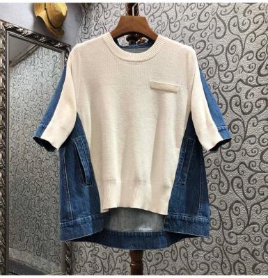 China spring 2022 cotton knitted patchwork Jumper Large white dark blue casual Autumn Pullovers good quality Anti-wrinkle new and sweaters women denim for sale