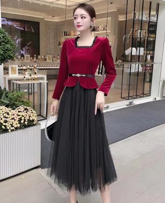 China Autumn Winter Party Female Square Collar Velvet Mesh Patchwork Long Sleeve Mid-Calf Vintage Dress Anti-wrinkle Good Quality Women's Dress 2021 for sale