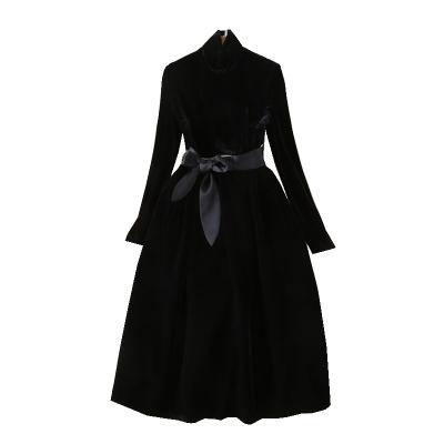 China Anti-wrinkle Party Dress Autumn Winter Evening Women Turtleneck Sash Ribbon Princess 2021 Good Quality Long Sleeve Black Velvet Dress for sale