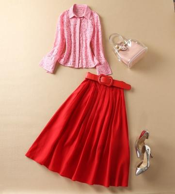 China 2022 Spring Runway Designer Skirt Suit Ladies Good Quality Women's Set QUICK DRY Long Sleeve Pink Lace Up Shirt+Red Pleated Skirt Sets 2pcs for sale