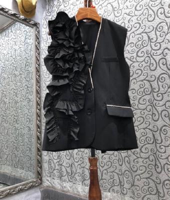 China 2022 Spring Fashion Jackets Breathable High Quality Women Appliques Floral Beading Sleeveless Black Deco Coat Jackets Casual Ladies Outwear for sale