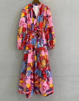 China 2022 Floral Print Long Anti-wrinkle Bohemian Dress Loose Fit Maxi Dress Women Summer Beach Spring Belt Deco Casual Colorful Lantern Sleeve for sale