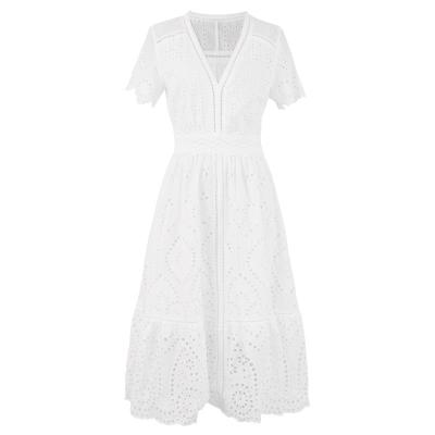 China Korean New Anti-wrinkle Fashion Dress 2021 Summer Ladies V-Neck Hollow Out Embroidery Short Sleeve Mid-Calf Length Dress Boho White Beach for sale