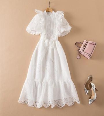 China Anti-wrinkle Embroidery Hollow Dress 2022 Spring Summer Party Events Elegant Women Ruffle Luxury Deco White Lantern Sleeve Mid Calf Dress for sale