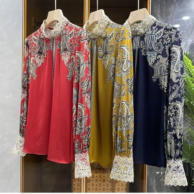 China Designer Blouses Women Luxurious Anti-wrinkle Tops Embroidery Beading Deco Long Sleeve Pure Silk Blouse Shirt Dark Blue Red Yellow for sale