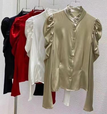 China 100%Silk Anti-Wrinkle Blouse Shirts 2022 Spring Summer Fashion Style Blouses Women Pleated Deco Long Sleeve Apricot White Red Black Shirts Women for sale