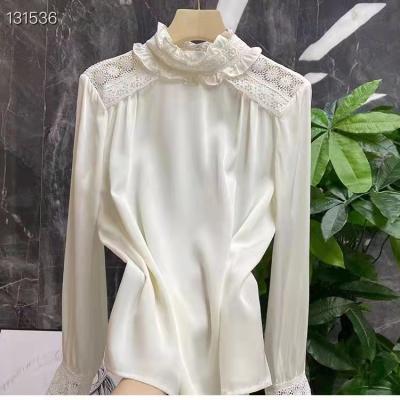 China Good Quality Anti-wrinkle Silk Blouse 2022 Elegant Spring Summer Tops Women Lace Up Patchwork Long Sleeve White Black Silk Tops Blusas Feminino for sale