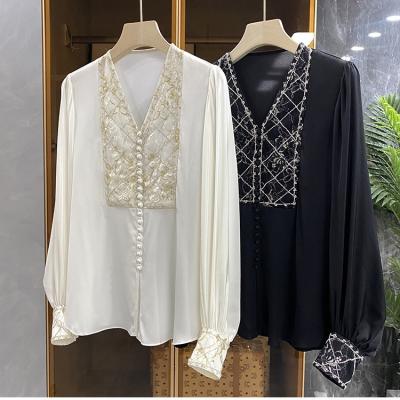 China Anti-Wrinkle Plus Size Hand Made Beading White Black Lady Blouse Shirt 2022 Summer Spring Fashion Women Silk V-Neck Blouses Long Sleeve Tops for sale