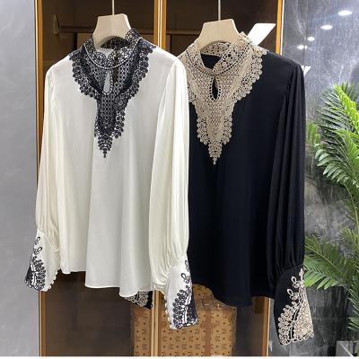 China Anti-Wrinkle Tops Fashion Blouse Shirt 2022 Spring Summer Style Women Lurex Embroidery Long Sleeve Elegant Black White Pure Silk Blouse Tops for sale