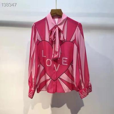 China 100%Silk Anti-Wrinkle Blouse Shirt 2022 Spring Summer Shirt Women Bow Collar Lover Prints Long Sleeve Soft Pink Shirts Ladies Blouses for sale