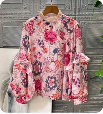 China 2022 Spring Summer Style XXL Anti-Wrinkle Blouse Shirt Tops Women Charming Floral Print Ruffle Deco Long Sheath Tops Blouse Pure Silk Lady for sale