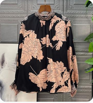 China 2022 Elegant Female Vintage Blouse Women's Blouses Summer Spring Floral Print Long Sleeve Silk Party Casual Party Blusas Feminino XXL Anti-Wrinkle for sale