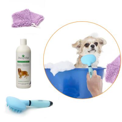 China Viable 3 in 1 Pet Grooming Shower Brush 500ml Dog Shampoo Absorbent Drying Towel Pet Cleaning Brush Tool Gift Set for sale