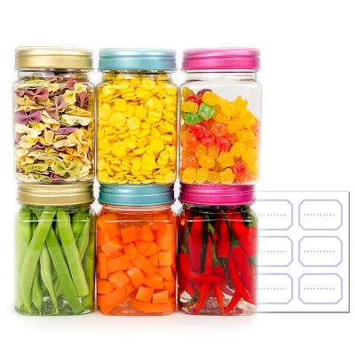 China Food 6 Pack Clear Plastic Jars With Aluminum Lid Empty Square 12 Ounce BPA Free Jars For Food Cosmetic for sale