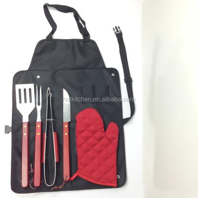 China Cheap Easily Cleaned 6pcs Stainless Steel BBQ Grill Tool Kit Wooden Handle With Apron Bag W-B0955 for sale