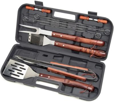 China Hot Selling Easily Cleaned Stainless Steel Handle 13pcs BBQ Tool Kit Wood BBQ Set PP Plastic Box for sale