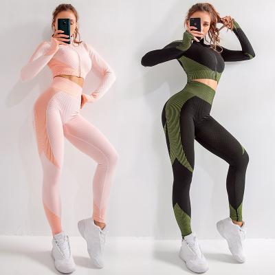 China Breathable Yoga Wear Fitness Seamless Long Sleeve Jacket Top And Pants Fit Two Piece Workout Set Clothing Activewear for sale