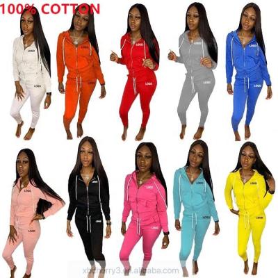 China 2021 Waterproof Custom Logo Women's Two Piece Set Women Cotton Clothing Set 2 Piece Set Women Sweat Suits Joggers Set for sale