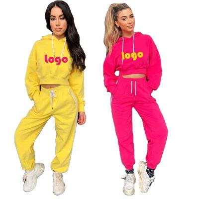 China Breathable Women 2 Piece Hoodie Set Casual Crop Tops Sweatshirt Waist Long Pants Jogger Hoodies Suit Teams Tracksuit for sale