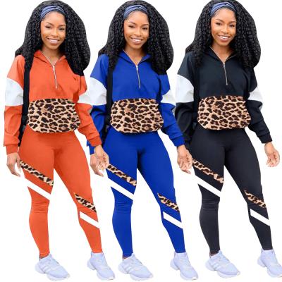 China New Arrivals Winter Sustainable Fashion Womens Jogger 2 Piece Sets Womens Hoodie Set Leopard Print for sale