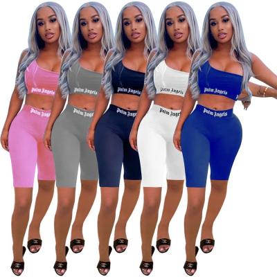 China STREETWEAR Summer Fashion Solid Color Casual Sleeveless Crop Top One Shoulder Sports Two Piece Pants Set Women Home Clothing for sale