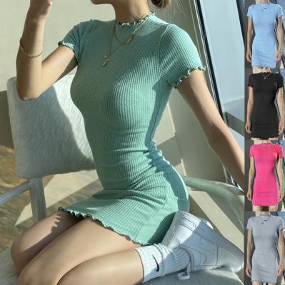 China Anti-Static Tending 2021 Summer Women Casual Dresses Elegant Sleeve Ribbed Solid Ladies Short Sleeve Dresses for sale