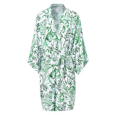 China Factory wholesale 2020 new pattern palm leaf print 823 breathable design wedding kimono bridal cotton long robes bridesmaid tropical swimwear for sale